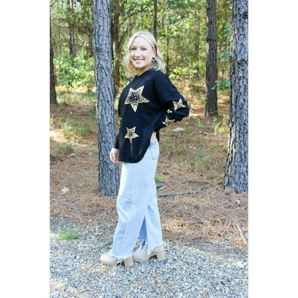 Fantastic Fawn Oh My Stars Sequin + Pearls Sweater in Black IFKT54447-01 - Picture 2 of 11